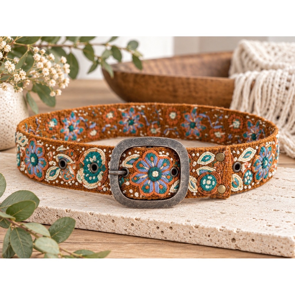 Jenny Krauss Embroidered Wool Floral Boho Belt Medium Peru